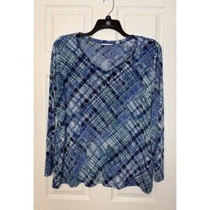 MINT COND Susan Graver Blue Green White Plaid Long Sleeve Shirt Top Womens 1X XL